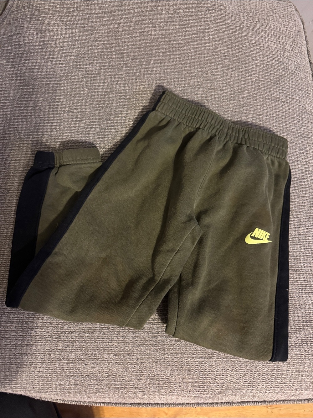 Nike Kids Olive Green and Black Jogger Sweatpants with Yellow Logo